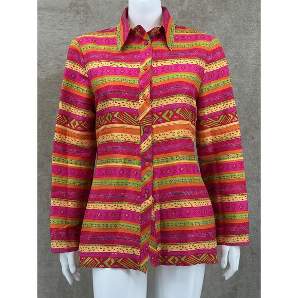 G2 George Gross Tops - Vintage G2 George Gross Top Womens 10 Pink Orange Stripe Button Up Silk Colorful
